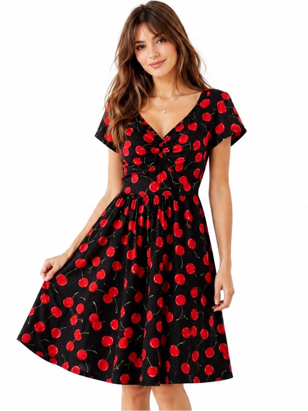 Roosey Cherry Print Fit & Flare‎ Dress Retro Rockabilly Pin Up Vintage Style S